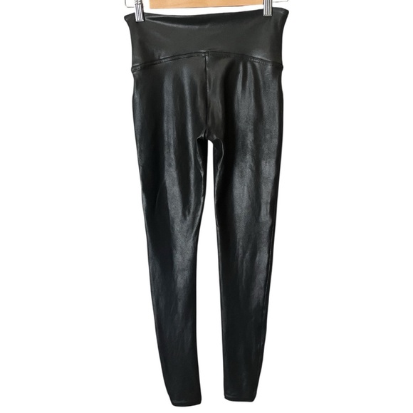 SPANX Size Medium Metallic Black Faux Leather Compression Body Shaping Leggings - Picture 3 of 8